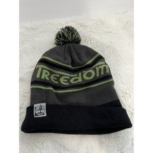 Treedom Pacific NW Knit Pom Pom Beanie Winter Hat Gray Black Trees Logo